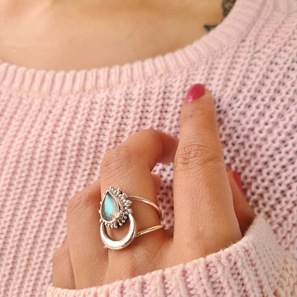 Anillo de Labradorita Genuino Plata de Ley 925 Luna Media Luna Boho Declaración Regalo Foto 4 de 4