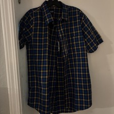 MAX Slim Fit XL 44 Short Sleeve Men?s Blue/Yellow Pland Shirt Button Up NEW