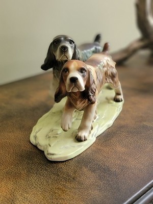 VTG English Hunting Springer Cocker Spaniel Dog Figurine Porcelain Ceramic Pair