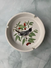 Vintage Pottery Blue Bird Ashtray – Ceramic with Berry Tree Accent