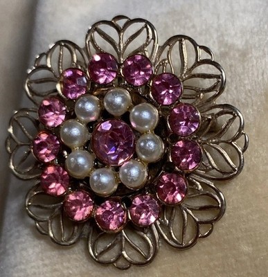 Rare Find Ruby And Pearl Gold Toned Filigree Pin/Brooch 1.5 Inches Round 