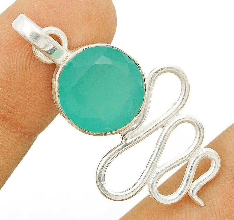 Natural Aquamarine Chalcedony 925 Solid Genuine Sterling Silver Pendant @5-4