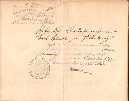 Schuldurkunde Preussisches Amtsgericht zu Hamburg von 1904 - Bild 2 von 2