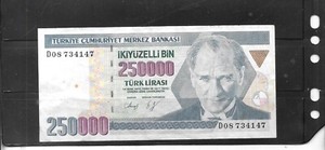TURKEY #207 1992  250000 LIRA VF CIRCULATED  OLD BANKNOTE PAPER MONEY  BILL NOTE
