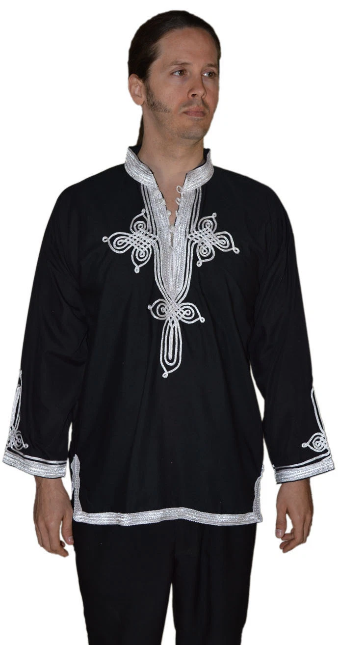 Moroccan Men Tunic Shirt Cafan Casual Handmade Embroidered Cotton MED/LG Black