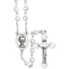 Imitation Pearl Beads Rosary with Silver Plated Crucifix and Chalice Communion
