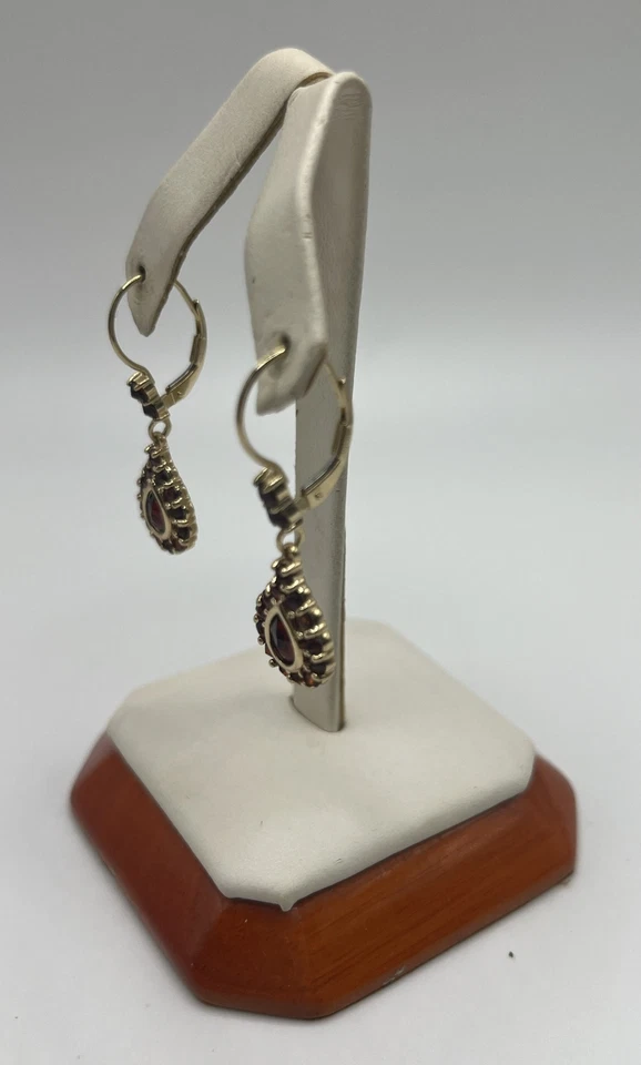Vintage 14k Yellow Gold Natural Pear Shape Rhodolite Garnet Dangle Earrings - Image 2 of 4