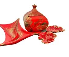 California Original Pottery ? Divided Dish Orange Red Gold MCM Urn Leaf Plates