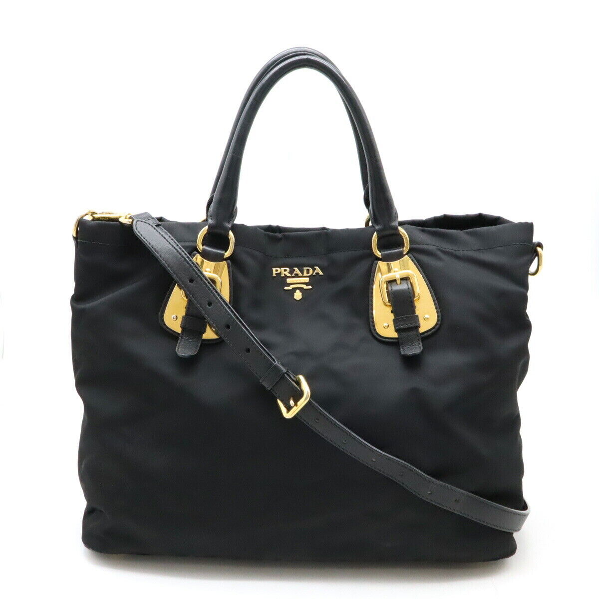PRADA Tote Bag 2Way Shoulder Nylon Leather Nero Black Gold PRADA Tote Bag 2Way Shoulder Nylon Leather Nero Black Gold