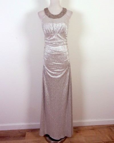 Cachet Prom Dress Silver Metallic Sleeveless Ruched Sparkle Maxi Gown Formal 2