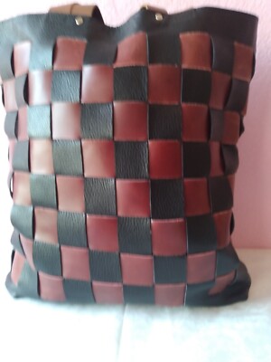 Handcrafted Woven Leather Tote Bag Black & Brown Checkered Pattern Shoulder Bag