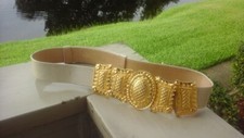 Alexis Kirk Vintage 80s Women Snakeskin  Gold Heavy Embossed Large Buckle Belt