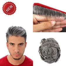 Mens Toupee Ultra Brown Thin Skin Human Hair Replacement System Hairpiece #1B50