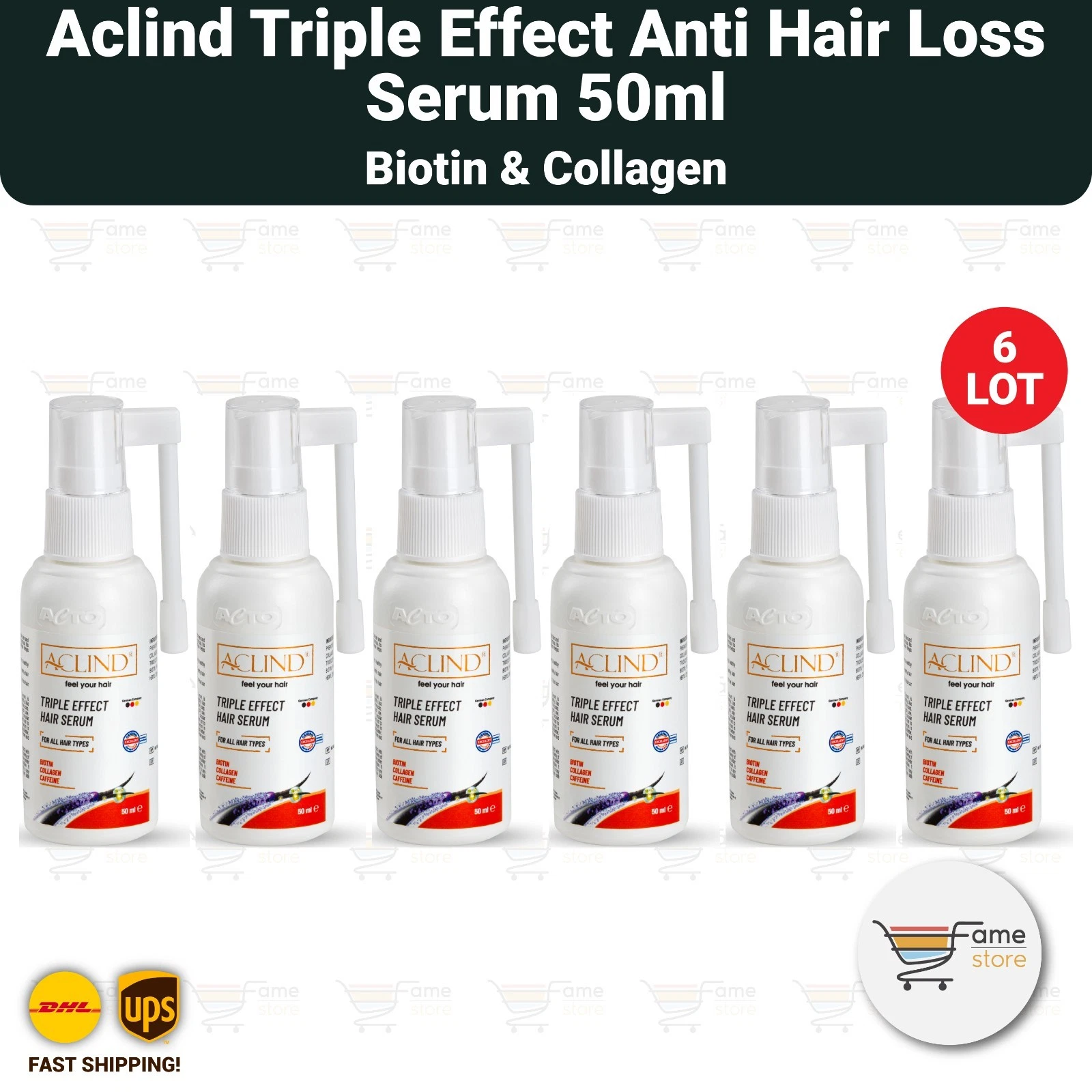 Aclind Triple Effect Hair Serum Anti Hair Loss Biotin Collagen 50ml - 6 LOT