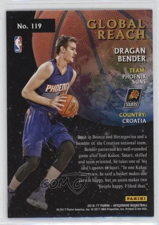 2016 Panini Aficionado Global Reach Artist's Proof Dragan Bender #119 Rookie RC - Image 2 of 2