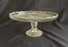 1950's Jeanette Vtg Harp Pedestal Cake Stand Plate 10"Depression Glass Gold Trim