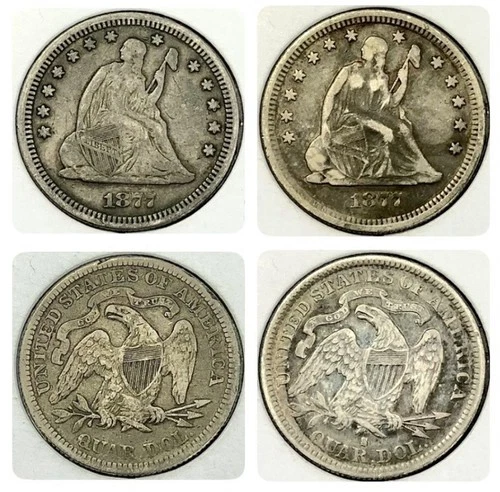 A Pair of VF 1877 Seated Liberty Silver Quarter (P & S Mint). Lovely Coins!