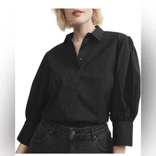 Witchery Cotton Volume Sleeve Button Down Black AU 12 Top Casual Career Blouse 