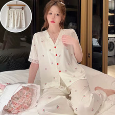 Women Pajamas Set Cute Cherry Print Lace Sleepwear 3PCS Nightwear Lounge Wear