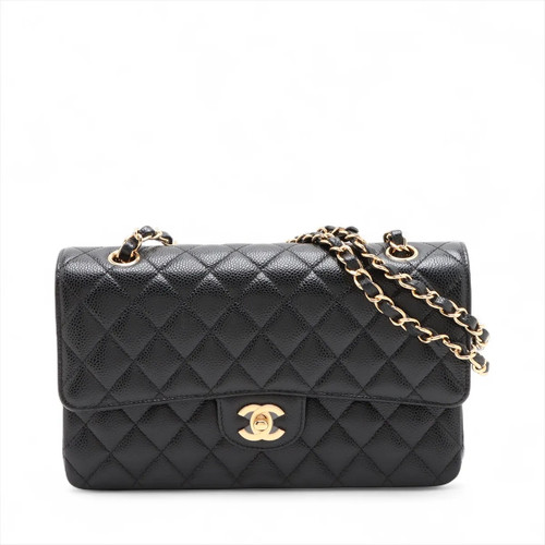 Chanel Matelasse 25 Grained Calfskin Double Flap Double Chain Bag Black Gold Met