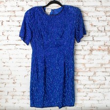 Vintage Stenay Blue Silk Beaded Sequin Cocktail Dress Size 8 Evening Formal