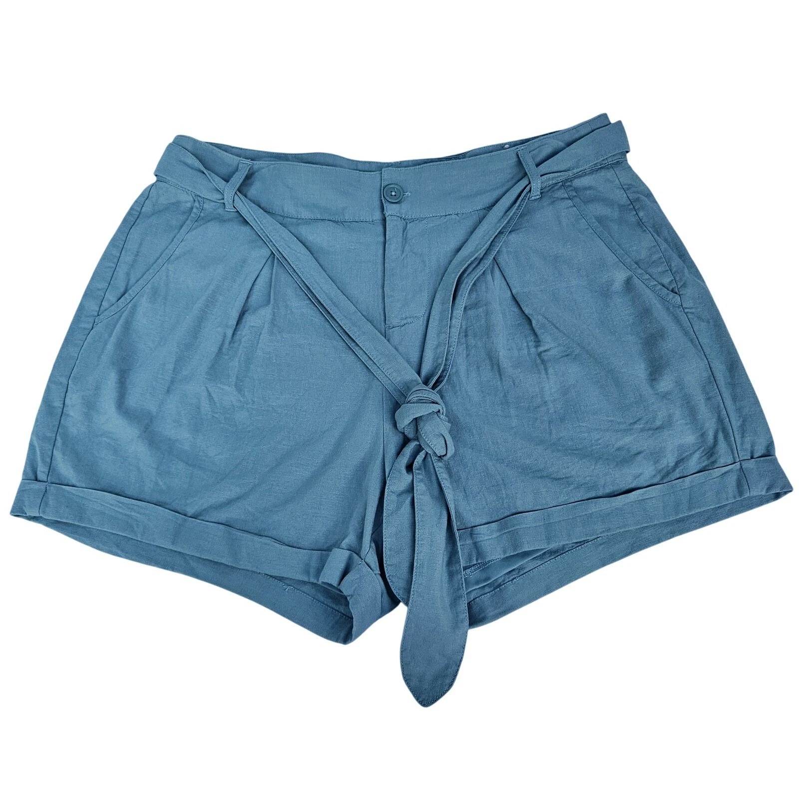 New Torrid Shorts Women 10 M Teal Linen Tie Front Pleated Pockets Beachy Coastal