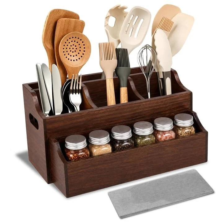 Wooden Kitchen Utensil Holder for Countertop, Large Utensil Organizer with Re...