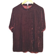 Vintage Style Burgundy Crushed Velvet Mock Neck Short Sleeve Top Holiday Chic