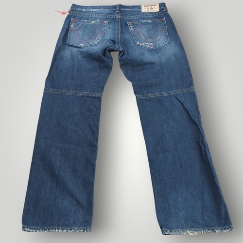 True Religion Men’s 42 World Tour Moto Jeans Distressed Red Rivet Blue Denim - Picture 10 of 16