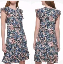 Tommy Hilfiger Size 10 Floral Printed Flutter Sleeve Tiered Ruffle Trim Dress