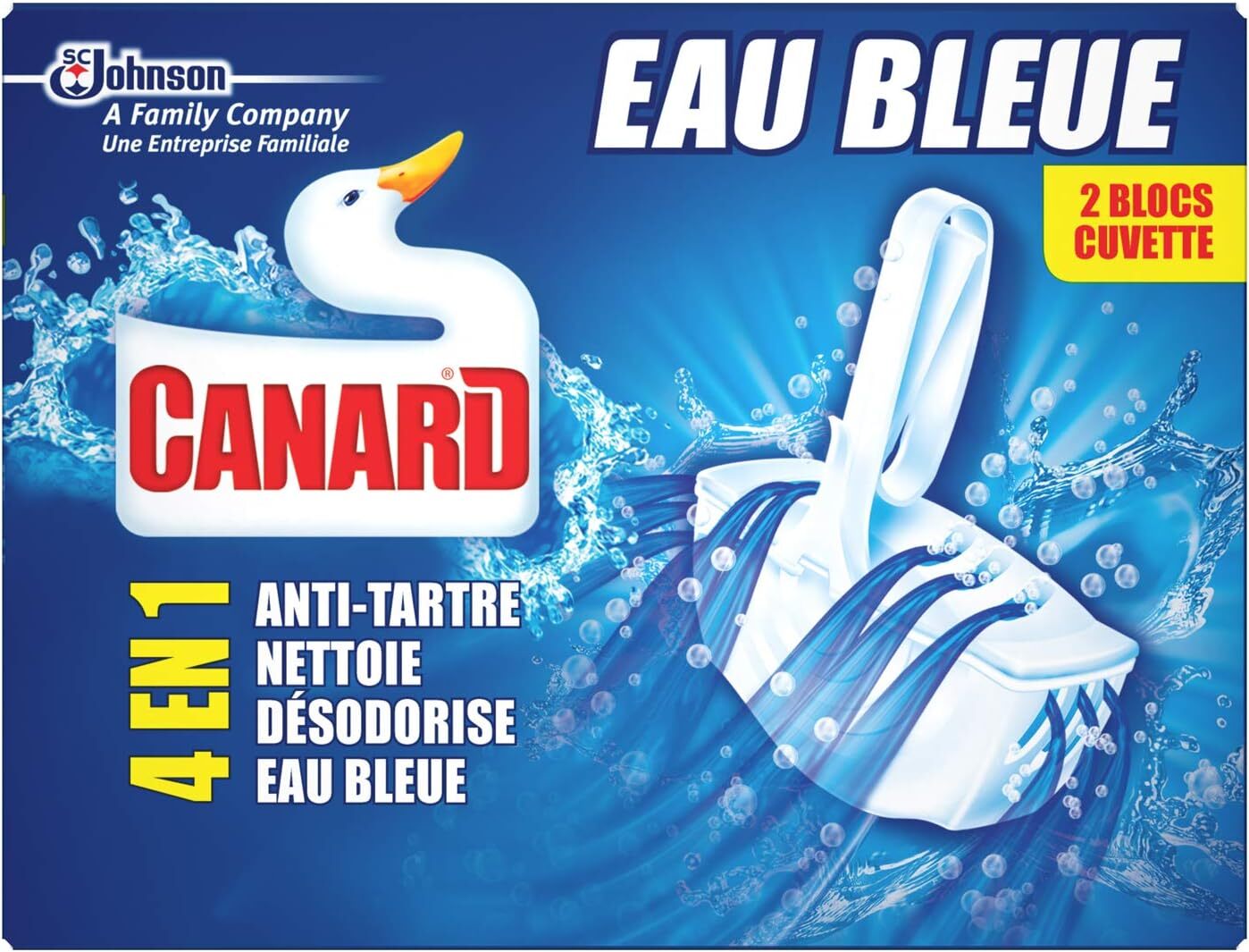 Bloc Colorant Eau Bleue 4 en 1 Canard WC pour l'entretien et l'hygiène des toilettes en pack de 2 x 40g