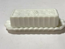 VINTAGE Westmoreland Butter Dish White Milk Glass Paneled Grape Pattern