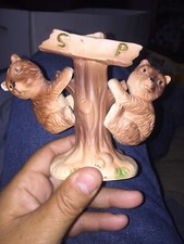 VINTAGE SALT AND PEPPER SHAKER SET- Ceramic Brown Bears Cubs Hanging From Tree