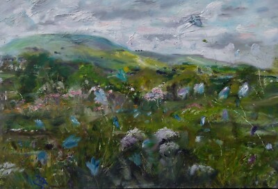 ORIGINAL SIGNED Impressionism Harebells & Yarrow, Wensleydale OIL. Yorks Dales