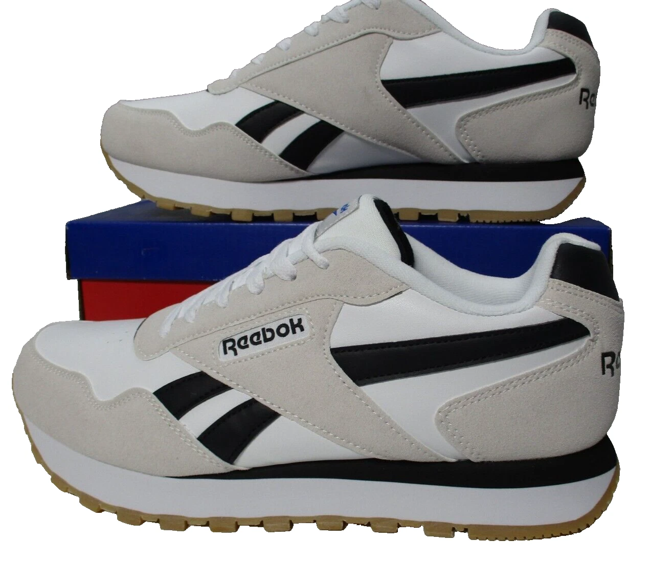Reebok Harman Run Double Gray White Black Cobalt Gum Sneakers Shoes Mens Sz 10.5