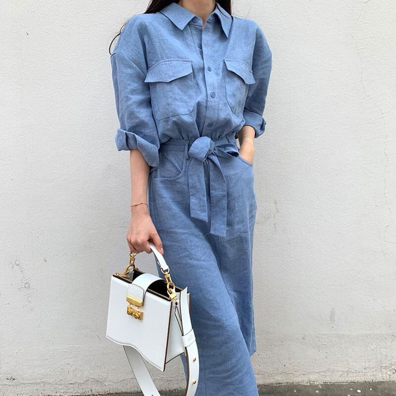 womens cotton pockets button down dresses Women Casual Long Shirt Dresses Belt Pocket Button Turn-down Collar Shirt  Dress