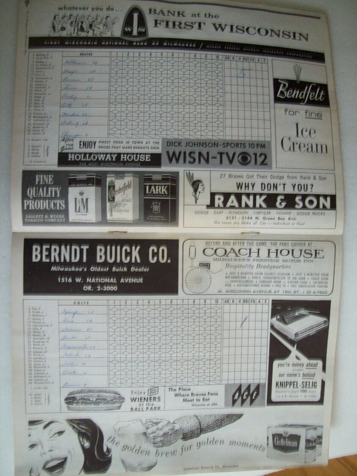 1964 Milwaukee Braves Score Card Program Vs Colts Hank Aaron - Image 4 of 4
