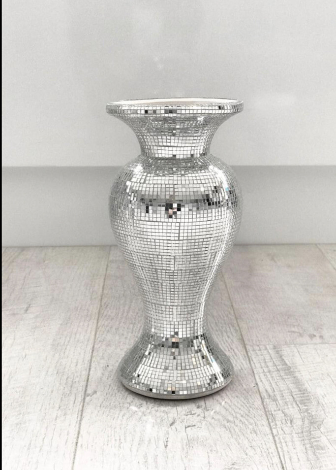 Bling Silver Mosaic Mirror Decorated 26cm Vase With 6 White Flowers eBay