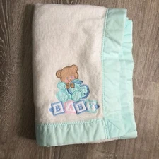 Vintage Cuddle Time Acrylic Baby Crib Blanket Brown Bear Blocks White Mint 43x33