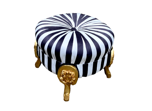 Royal Louis XVI Century Black & white Gilded Beech with Pistachio Damask stool - Picture 3 of 6