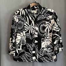 Appleseed's Size L Black White Floral Leaf Print Zip Up Jacket Cinched 3/4 Slvs