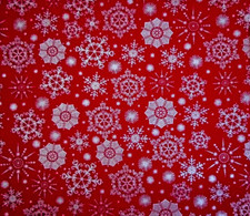 Christmas Fabric 7/8 Yard Metallic Silver Snowflakes on Red Cotton Vtg 50