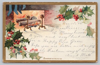 Postcard MO Westboro Christmas Cozy Blazing Fireplace Stockings Holly Motif K4