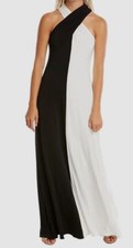 $495 Halston Women's Black Dian Bicolor Draped Jersey Halter Gown Dress Size 2