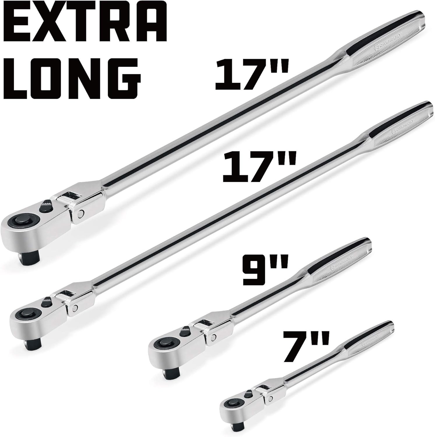 4 Piece 72 Tooth Pro Tech Long Reach Flex Head Ratchet Set with Contour Handles