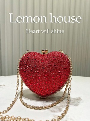 1pc Glamorous Sparkling Red Rhinestone Heart Shaped Clutch Bag, Cute Mini Heart