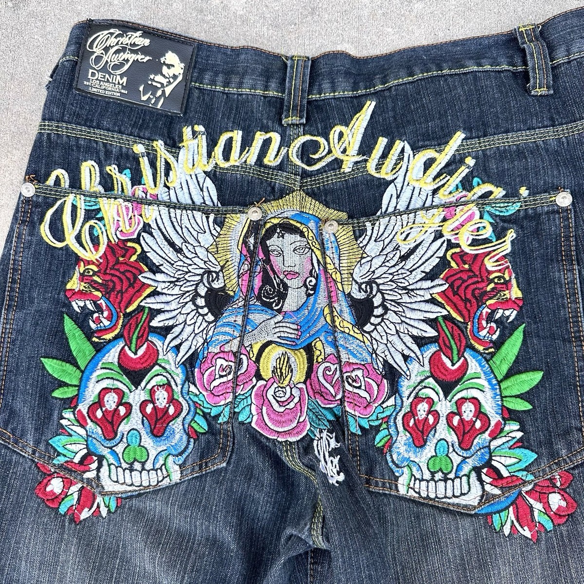 Vintage Christian Audigier Men's Jorts Denim Embroidered Y2K Sz 38