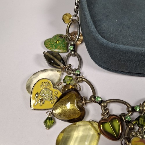 Chunky Charm Necklace Green Yellow Mixed Materials Hearts Butterfly Whimsy - Picture 9 of 24