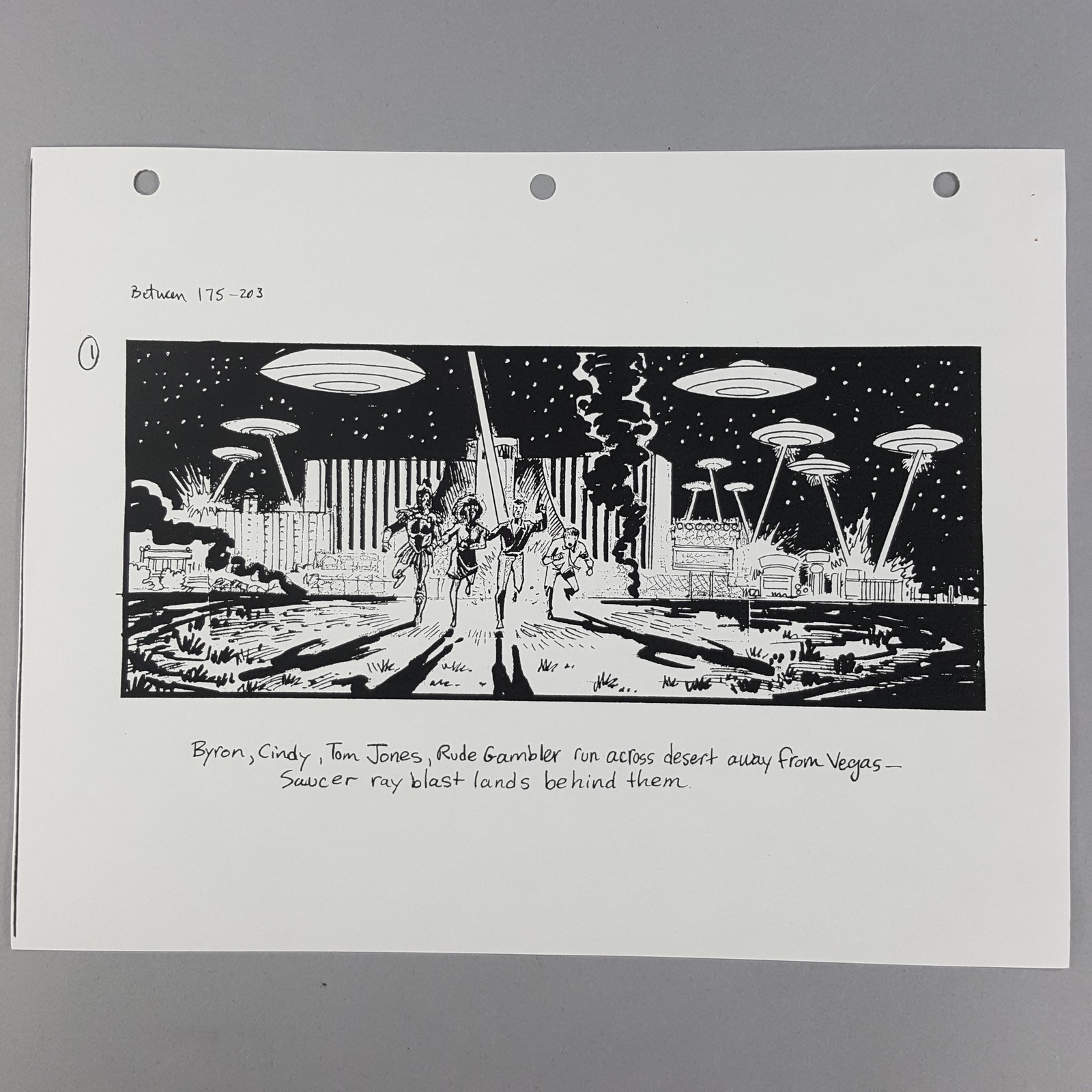 Mars Attacks! — Mars Attacks! Storyboard Byron Tom Jones Flee Vegas as Saucers Blast COA Prop
