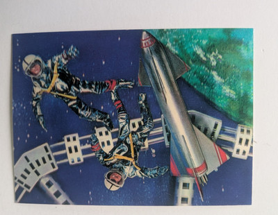 Postcard 3-D Space Astronaut Satellite Rocket Japan Sci Fi Chrome Unused